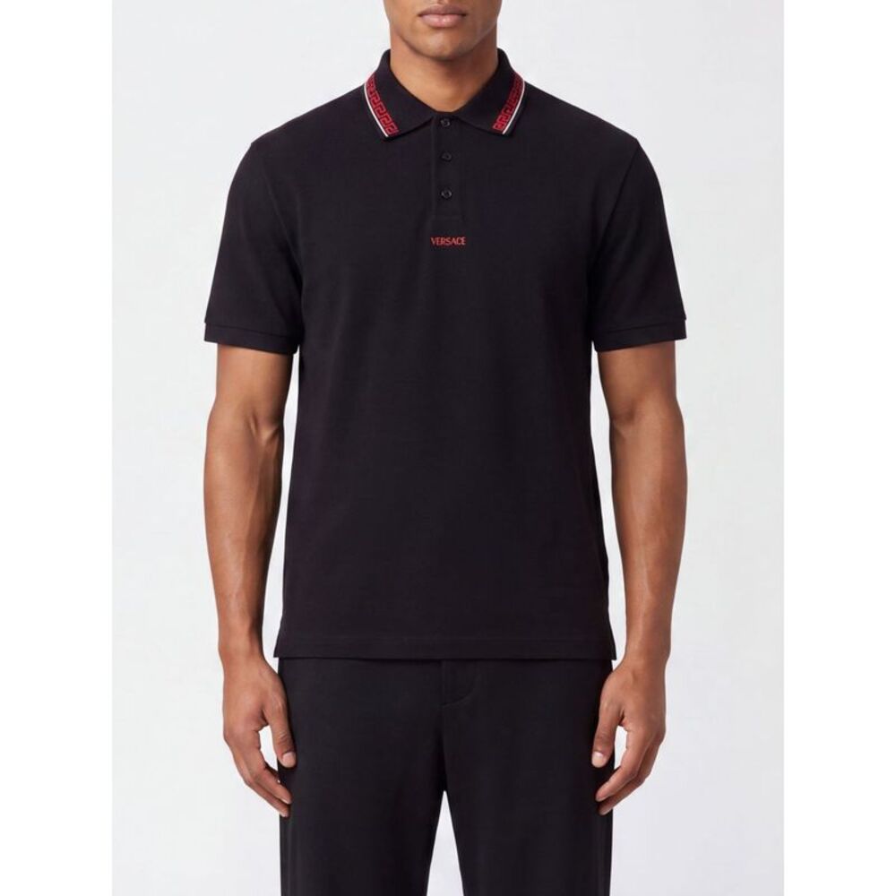 Versace Greca Pattern Cotton Polo Shirt With Contrast Embroidered Logo